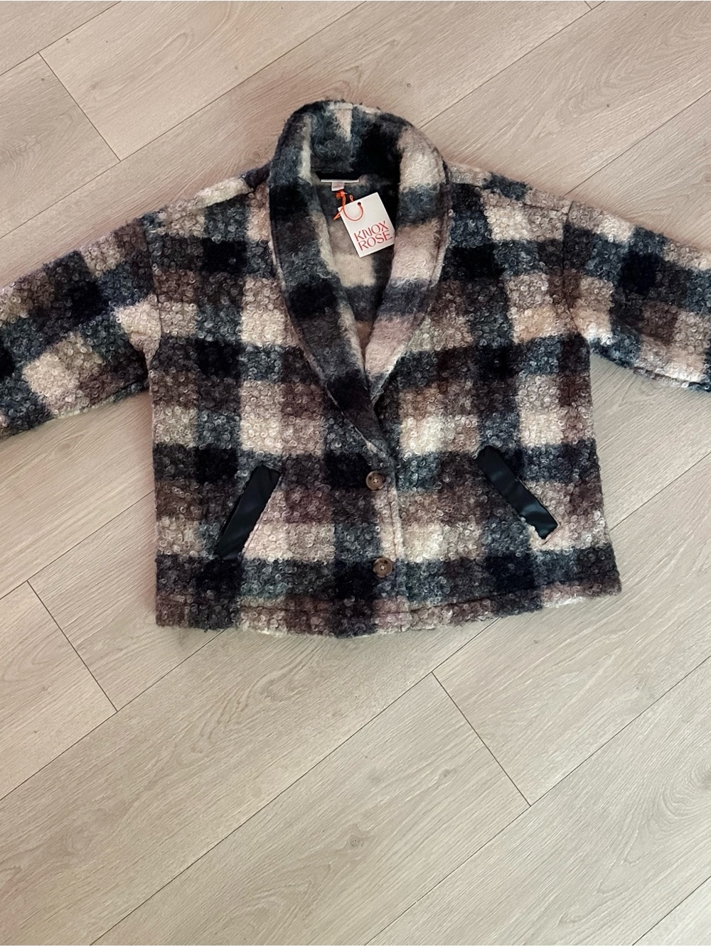 NWT Knox Rose Plaid Bouclé Jacket in Black, Cream & Brown Small